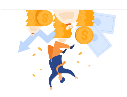 コインの山の上で幸せな男性